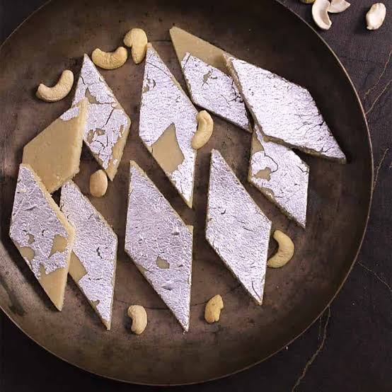 Diamond-shaped kaju katli pieces on a plate